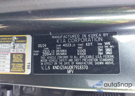 2024 Kia Soul Lx z USA, uszkodzony, nr VIN KNDJ23AU0R7918370